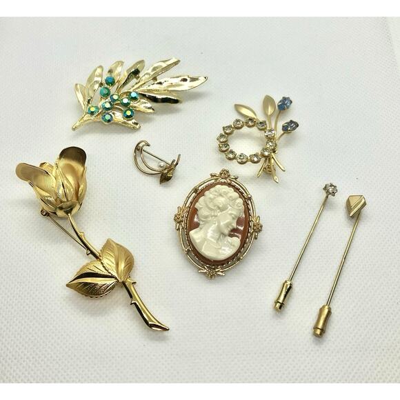 Vintage Brooch Pin Lot Pearl Krementz Gold Fill Rhinestones Cameo Rose Flower - Picture 1 of 9